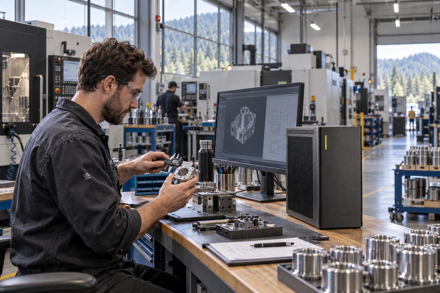 A technician working beside KOVA in a precision manufacturing workshop