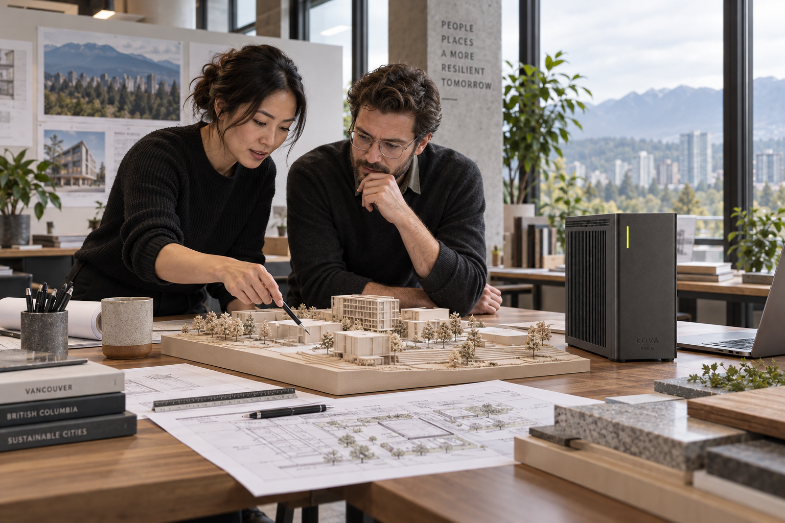 Architects reviewing a building model and digital drawings with KOVA on their studio desk