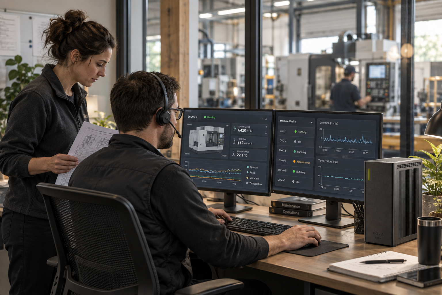 KOVA in a workplace operations room with staff reviewing equipment information