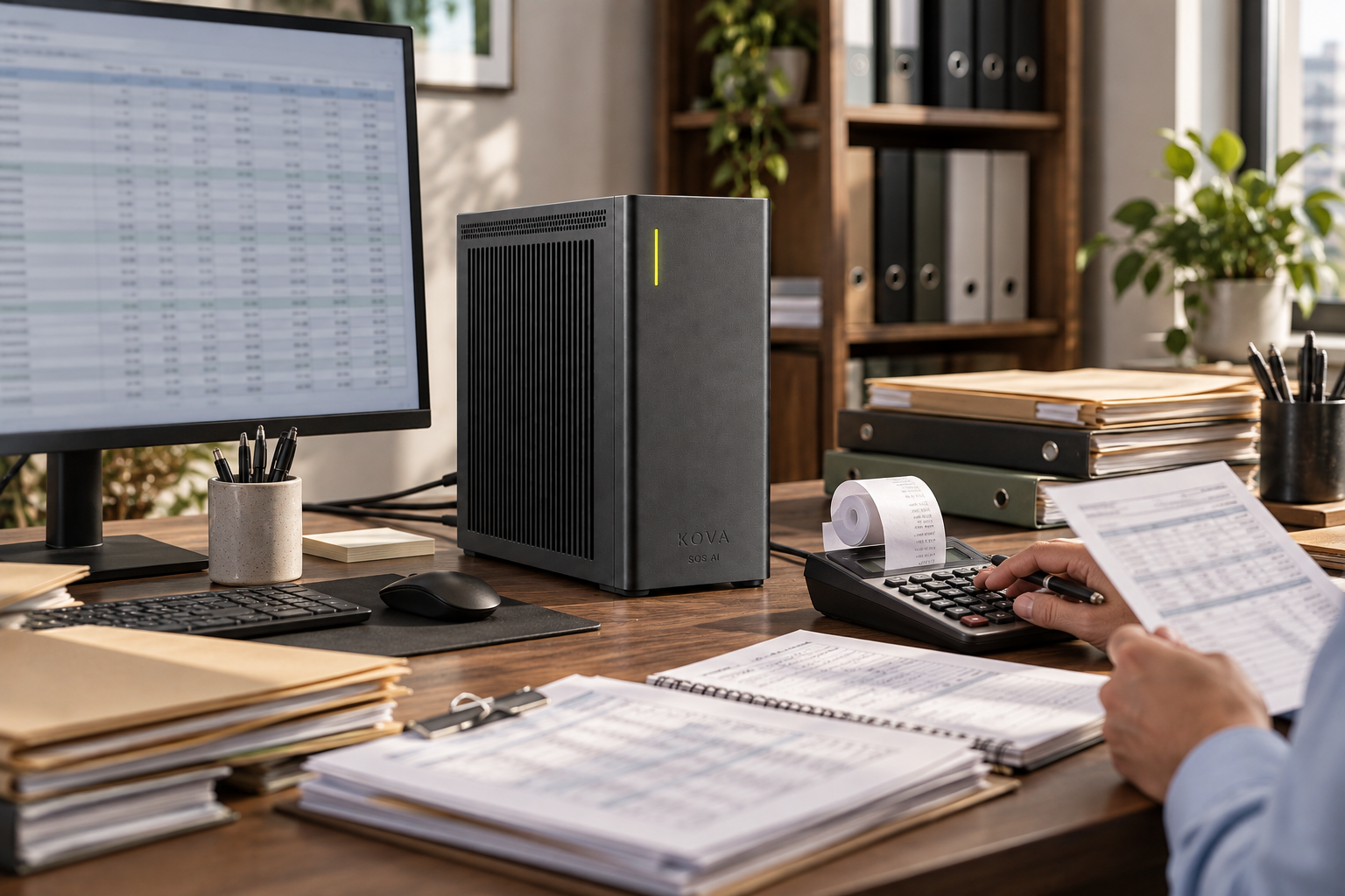 KOVA private AI box in an accounting office with tax working papers and a calculator