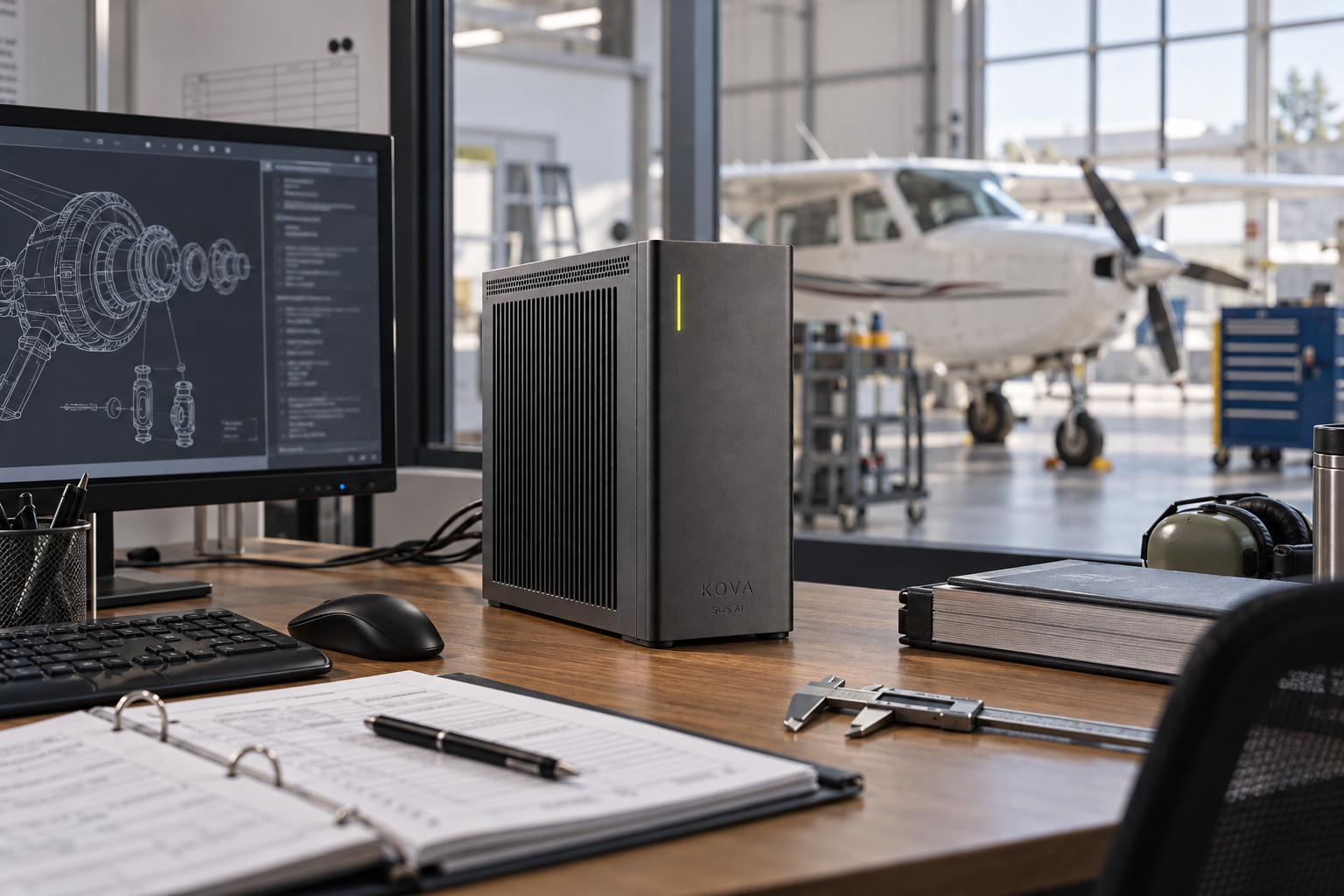 KOVA private AI box in a aerospace & aviation workplace