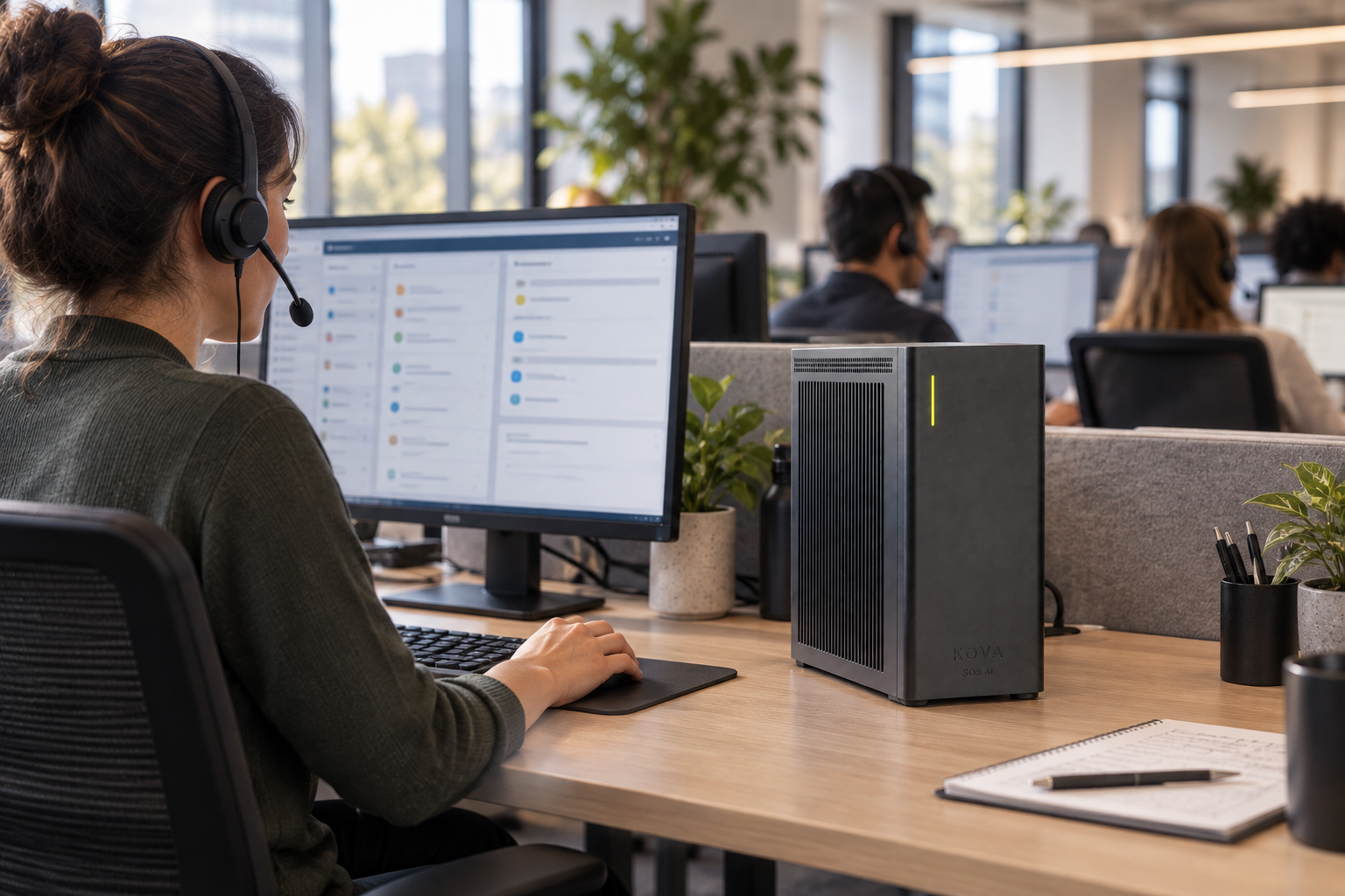 KOVA private AI box in a call centers & customer support workplace