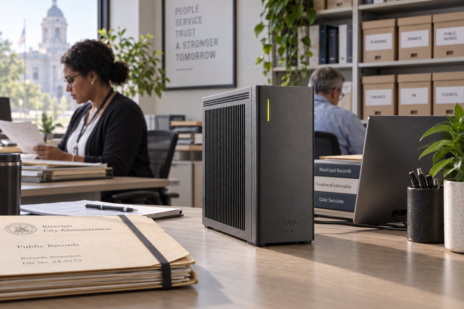 KOVA private AI box by SOS AI in a public administration records office