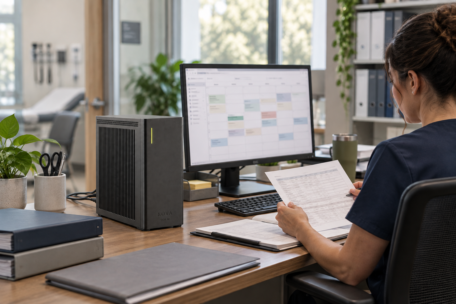 KOVA private AI box in a clinical research workplace
