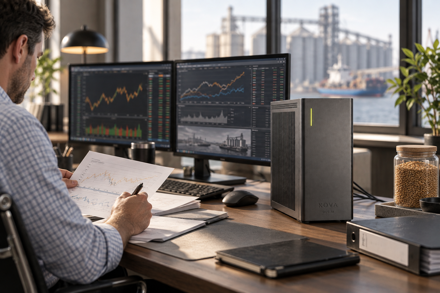 KOVA private AI box in a commodity trading workplace