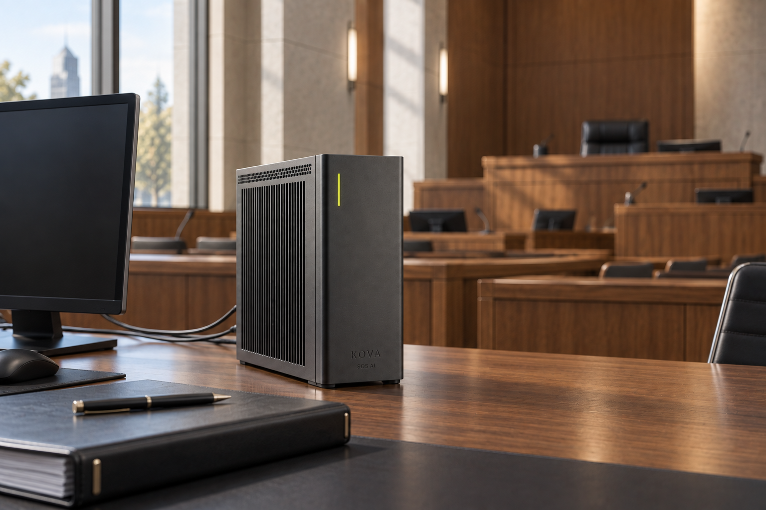 KOVA private AI box by SOS AI in a counsel preparation desk in a courtroom