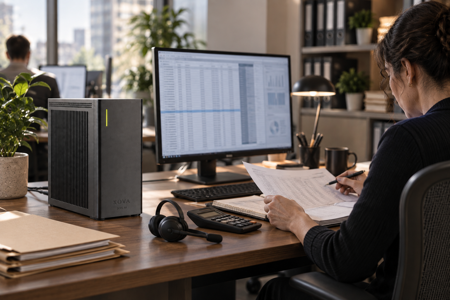 KOVA private AI box in a credit & collections workplace