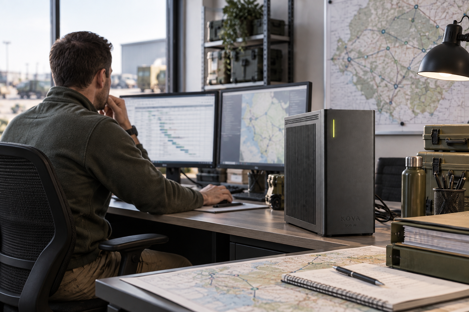 KOVA private AI box in a defense & military workplace