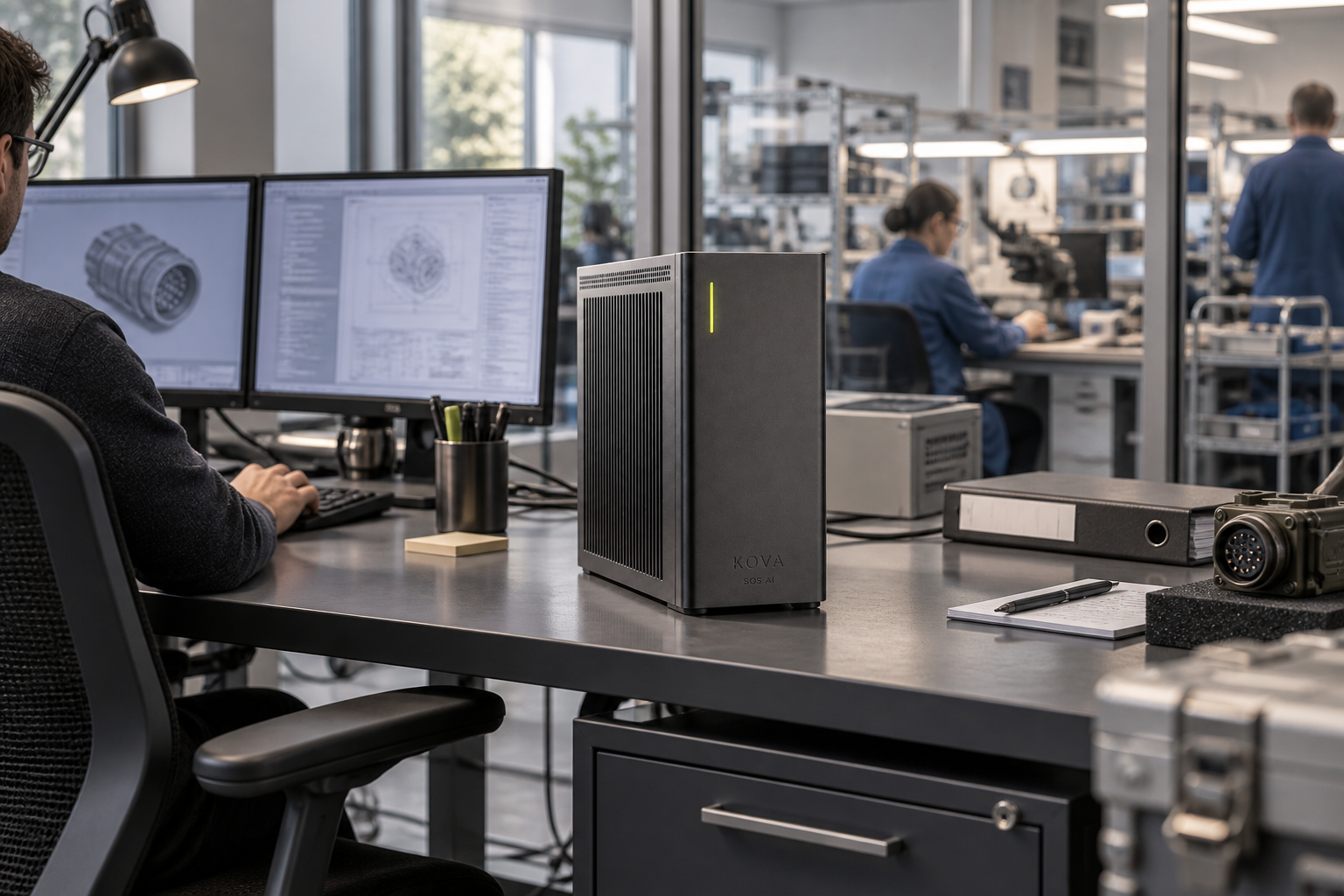 KOVA private AI box in a defense contracting workplace