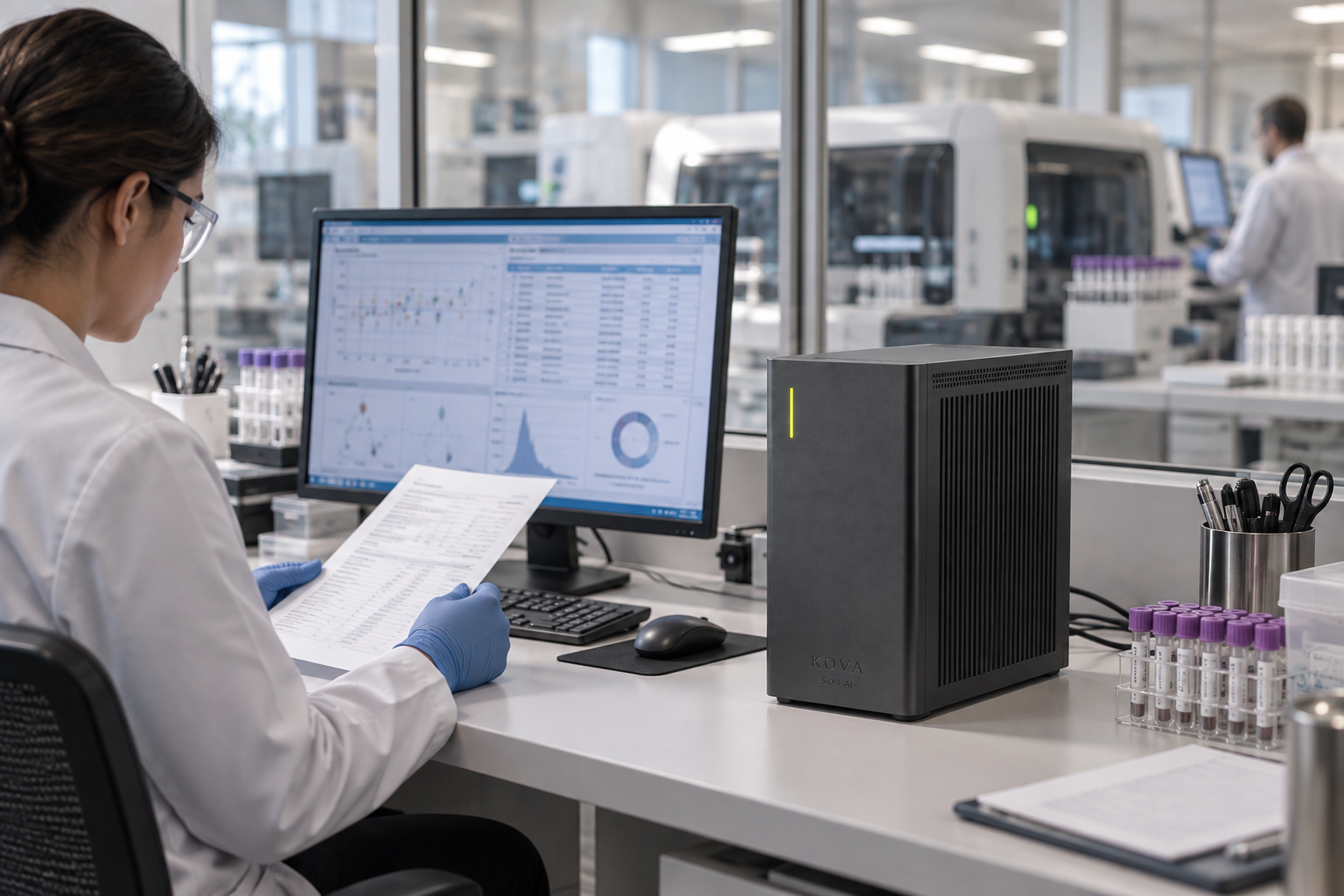 KOVA private AI box in a diagnostics & medical laboratories workplace