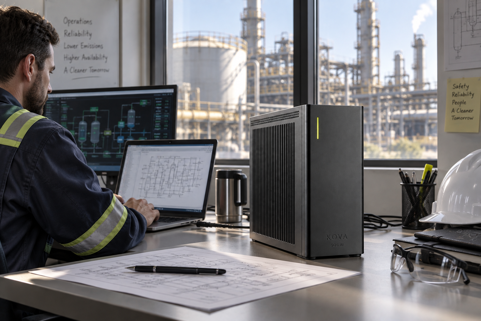 KOVA private AI box by SOS AI in an energy facility engineering office