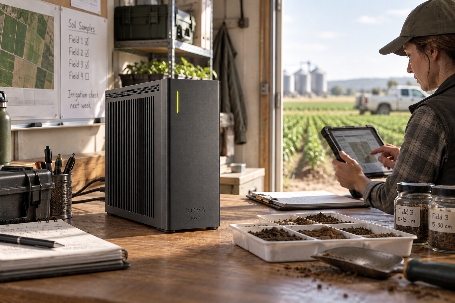 KOVA private AI box by SOS AI in a sheltered agricultural field office overlooking crops