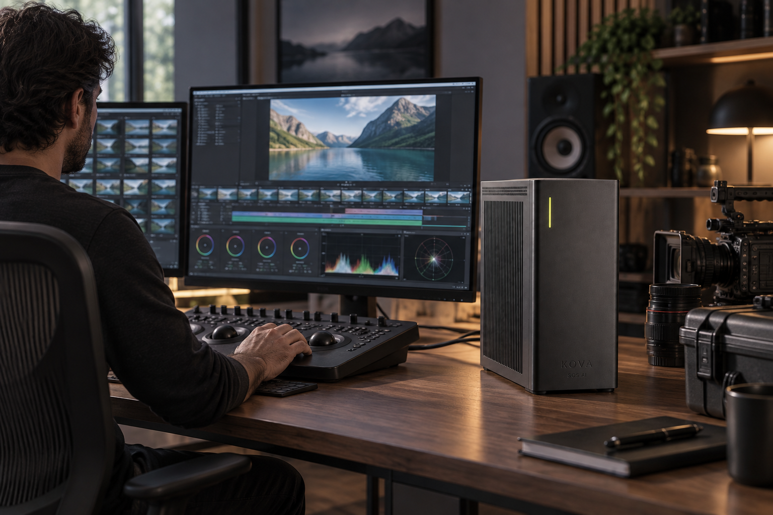 KOVA private AI box in a film & television workplace