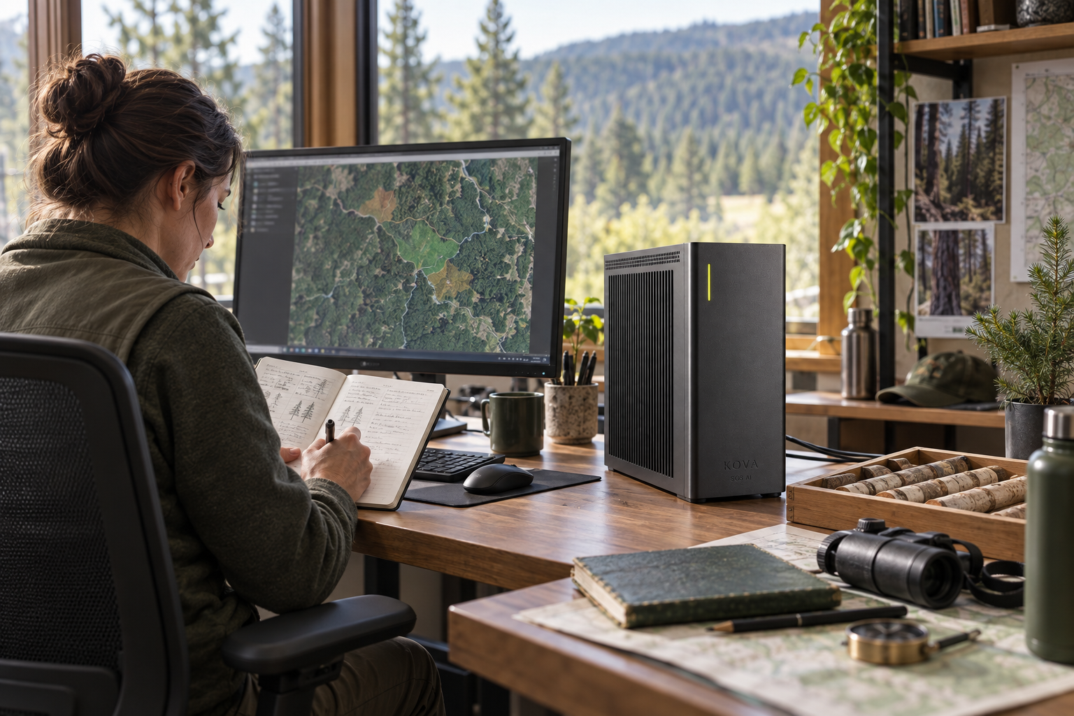 KOVA private AI box in a forestry workplace