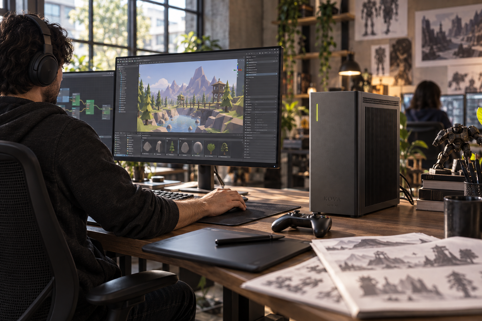 KOVA private AI box in a gaming workplace