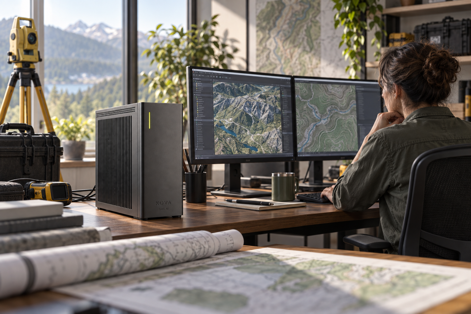 KOVA private AI box in a geospatial & mapping workplace