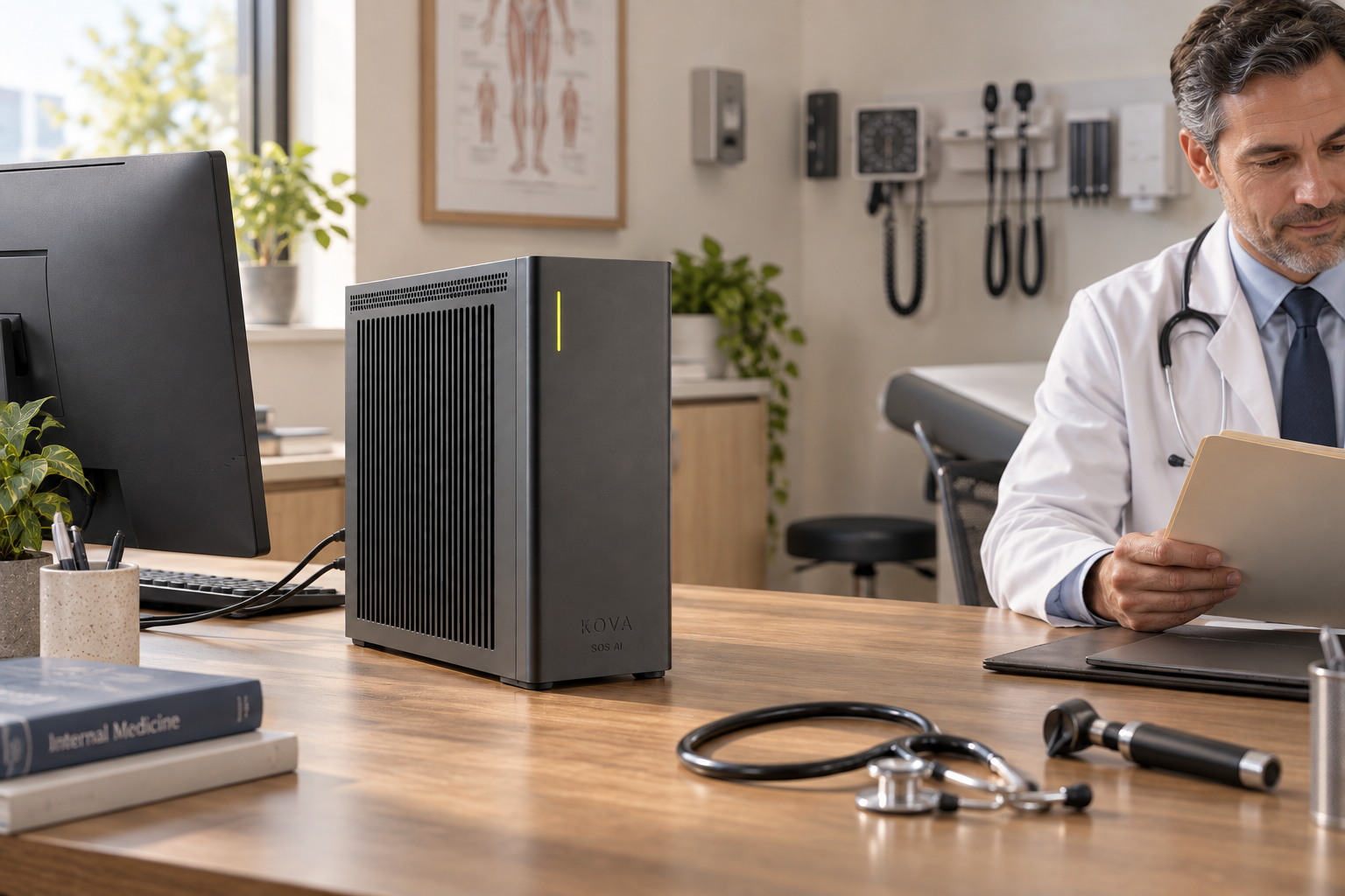 KOVA private AI box in a doctor’s consultation office with clinical equipment