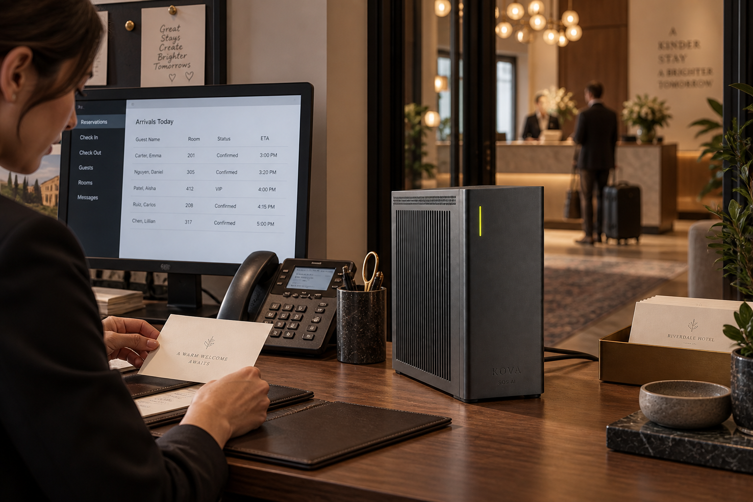 KOVA private AI box by SOS AI in a hotel operations office beside reception