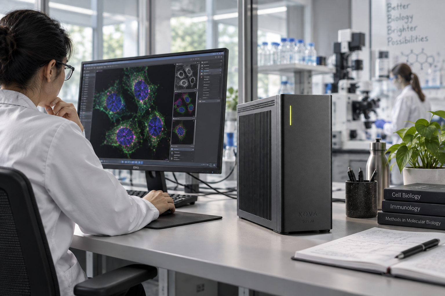 KOVA private AI box by SOS AI in a life sciences laboratory computer workstation