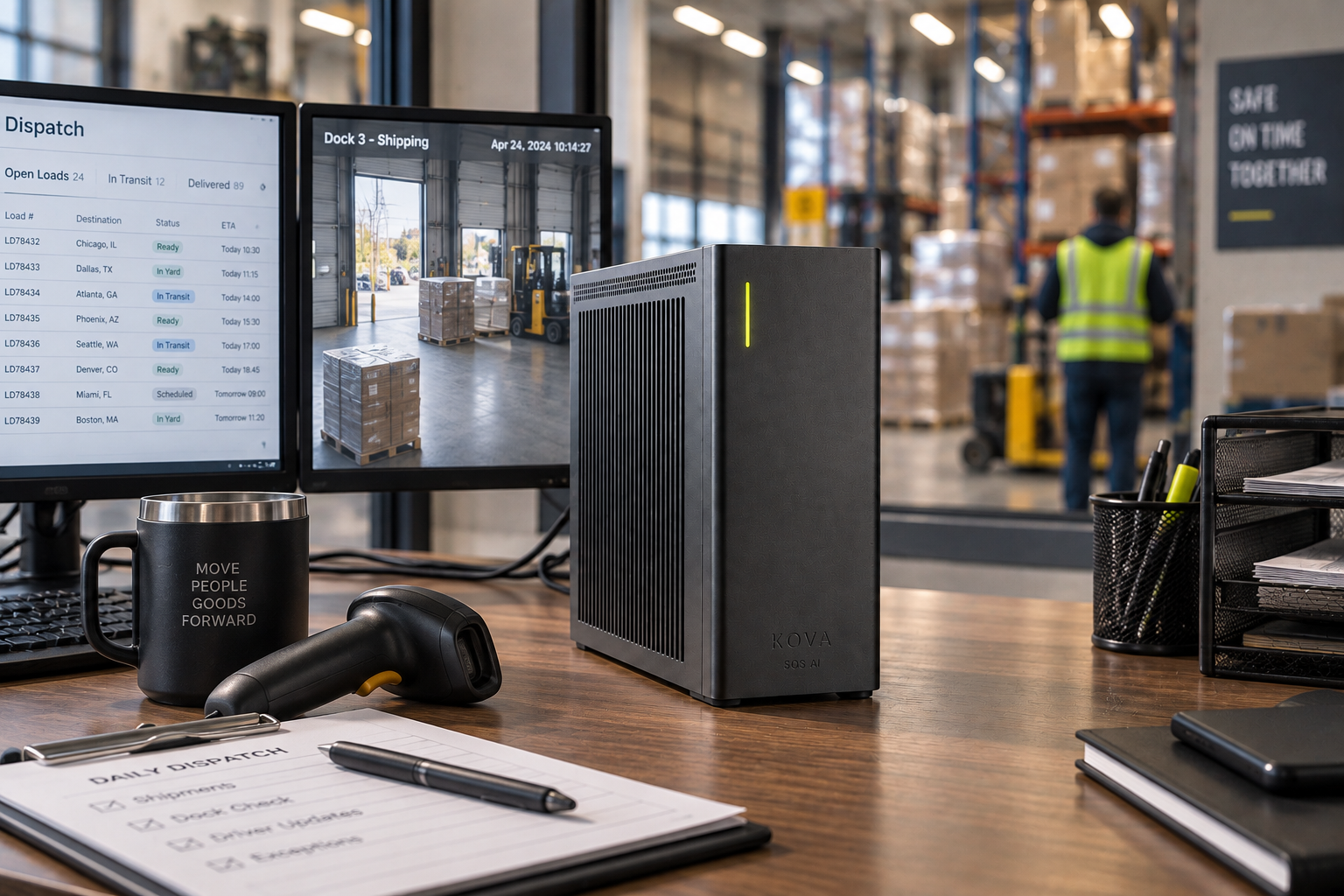 KOVA private AI box by SOS AI in a freight dispatch office overlooking a warehouse