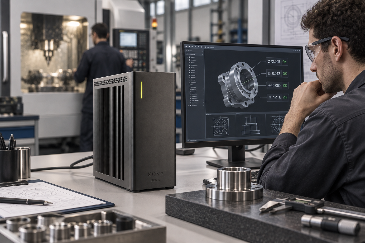 KOVA private AI box by SOS AI in an industrial quality control workstation