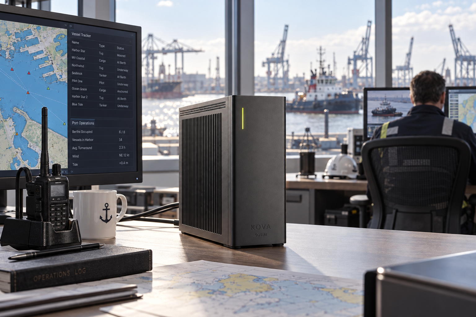 KOVA private AI box by SOS AI in a harbour operations control room