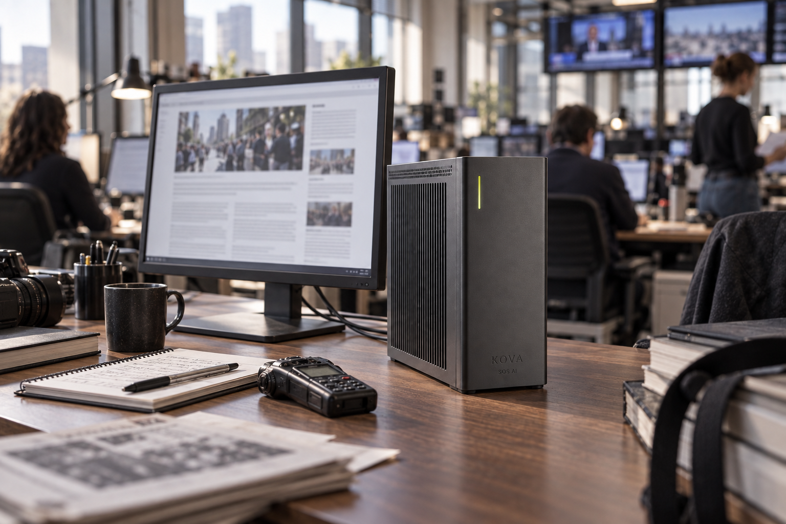 KOVA private AI box in a media & journalism workplace