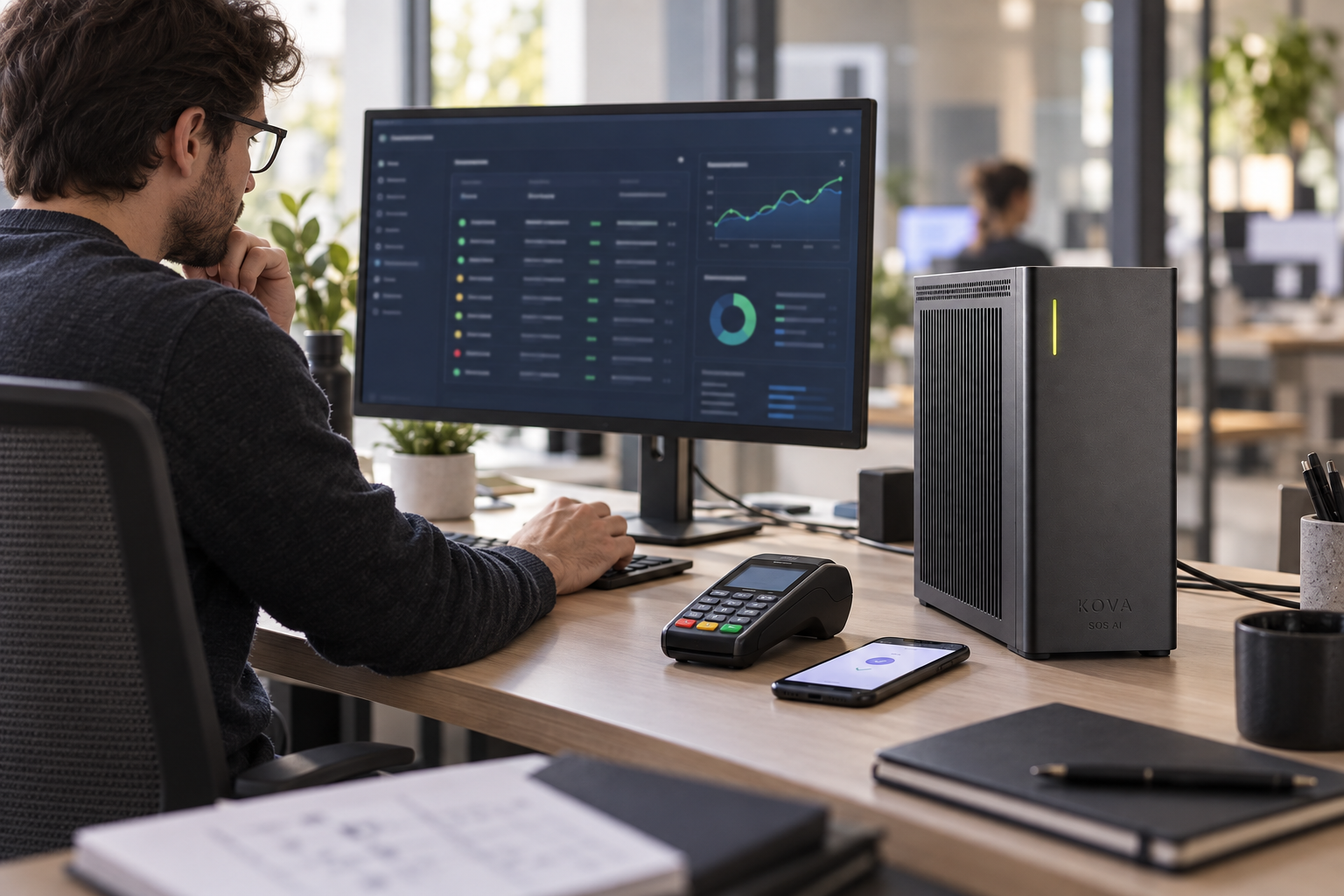 KOVA private AI box in a payments & fintech workplace