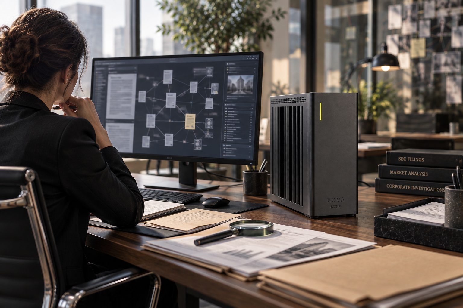 KOVA private AI box in a private investigation & corporate intelligence workplace