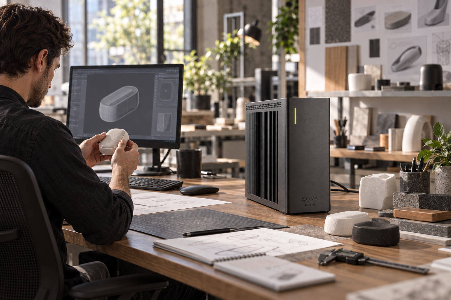 KOVA private AI box in a product design & industrial design workplace
