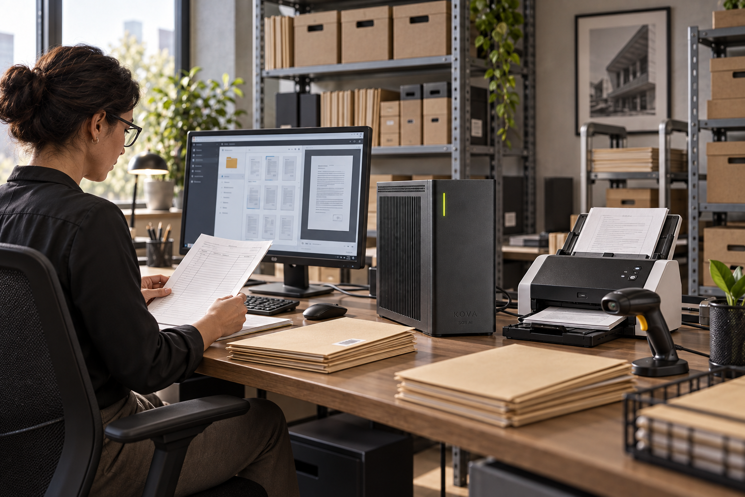 KOVA private AI box in a records management workplace