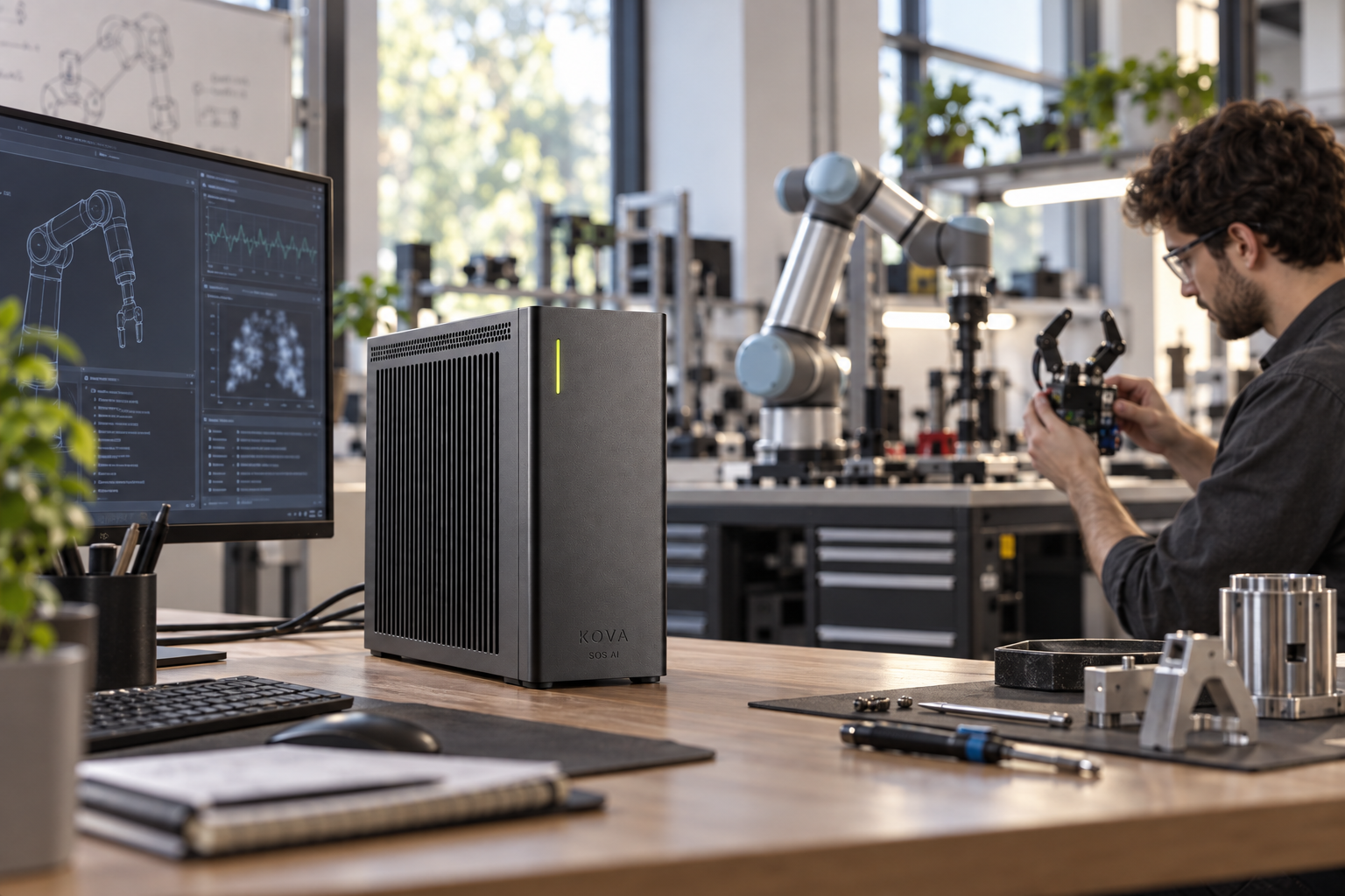KOVA private AI box in a robotics workplace