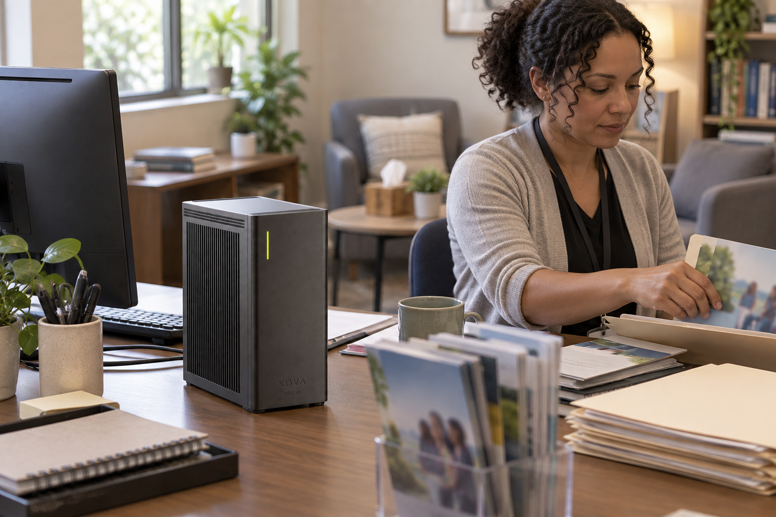 KOVA private AI box in a social services workplace