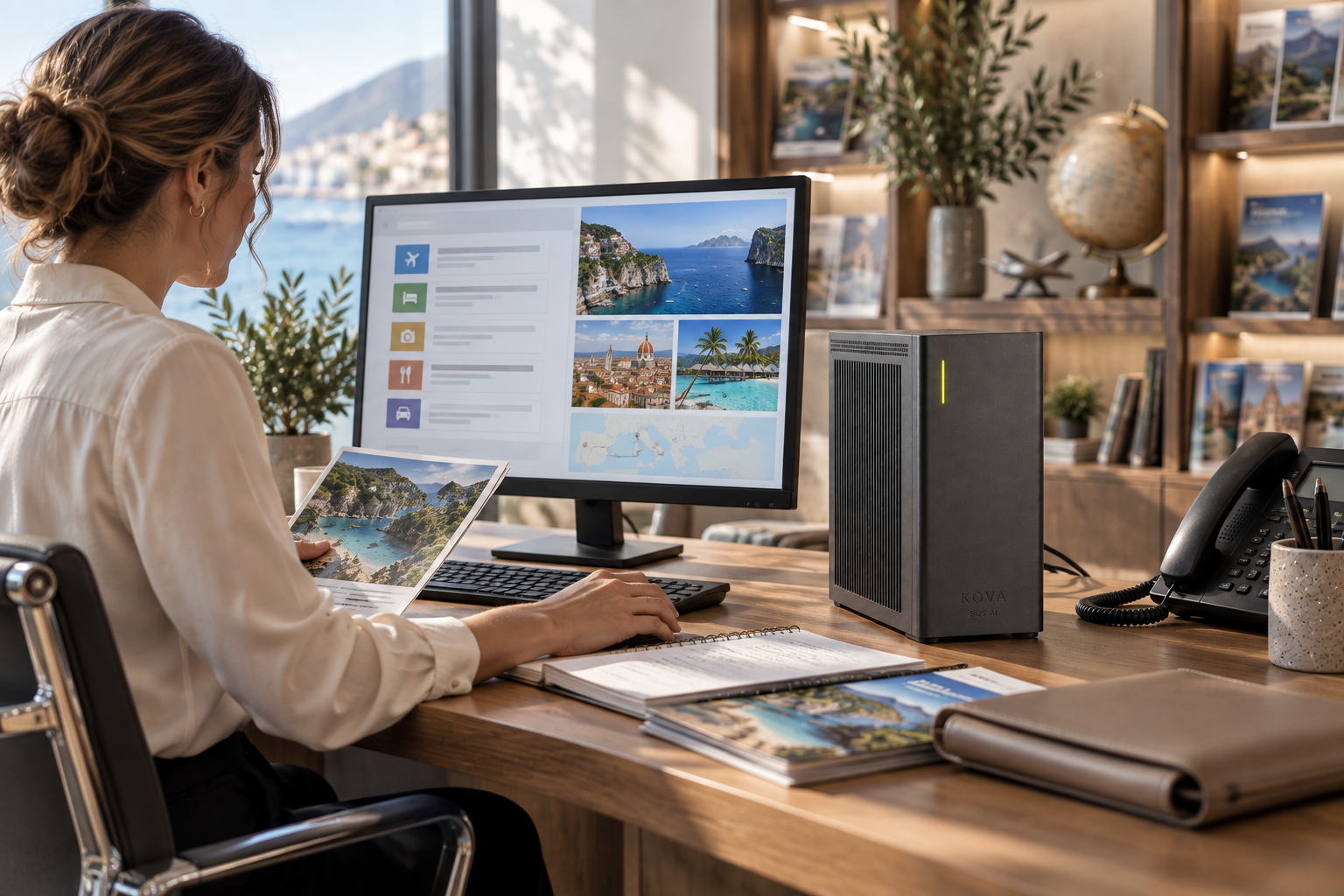 KOVA private AI box in a travel workplace