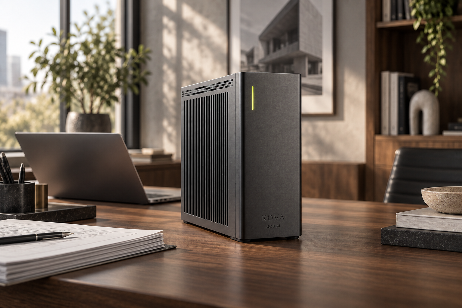 Photorealistic concept of the KOVA AI box by SOS AI on an office desk