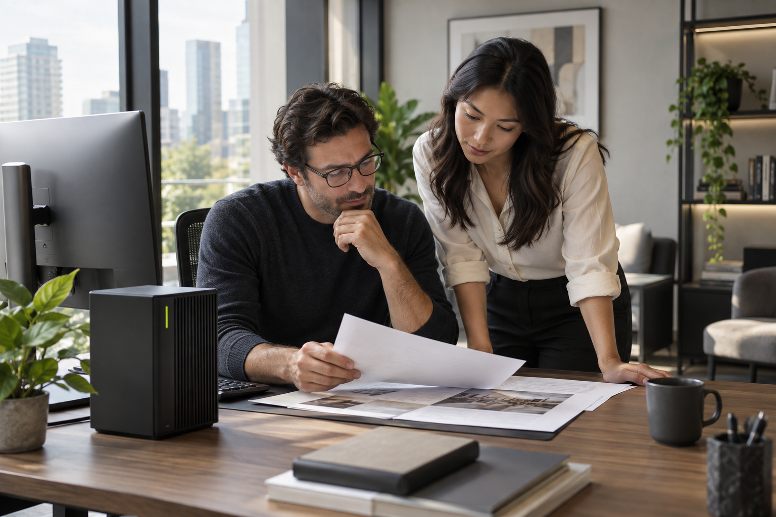Colleagues reviewing company documents beside a local AI workstation